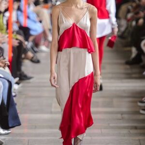 Each X Other Paris Silk Asymmetrical Ruffle Red Nude Straps Dress Sz S RRP $960